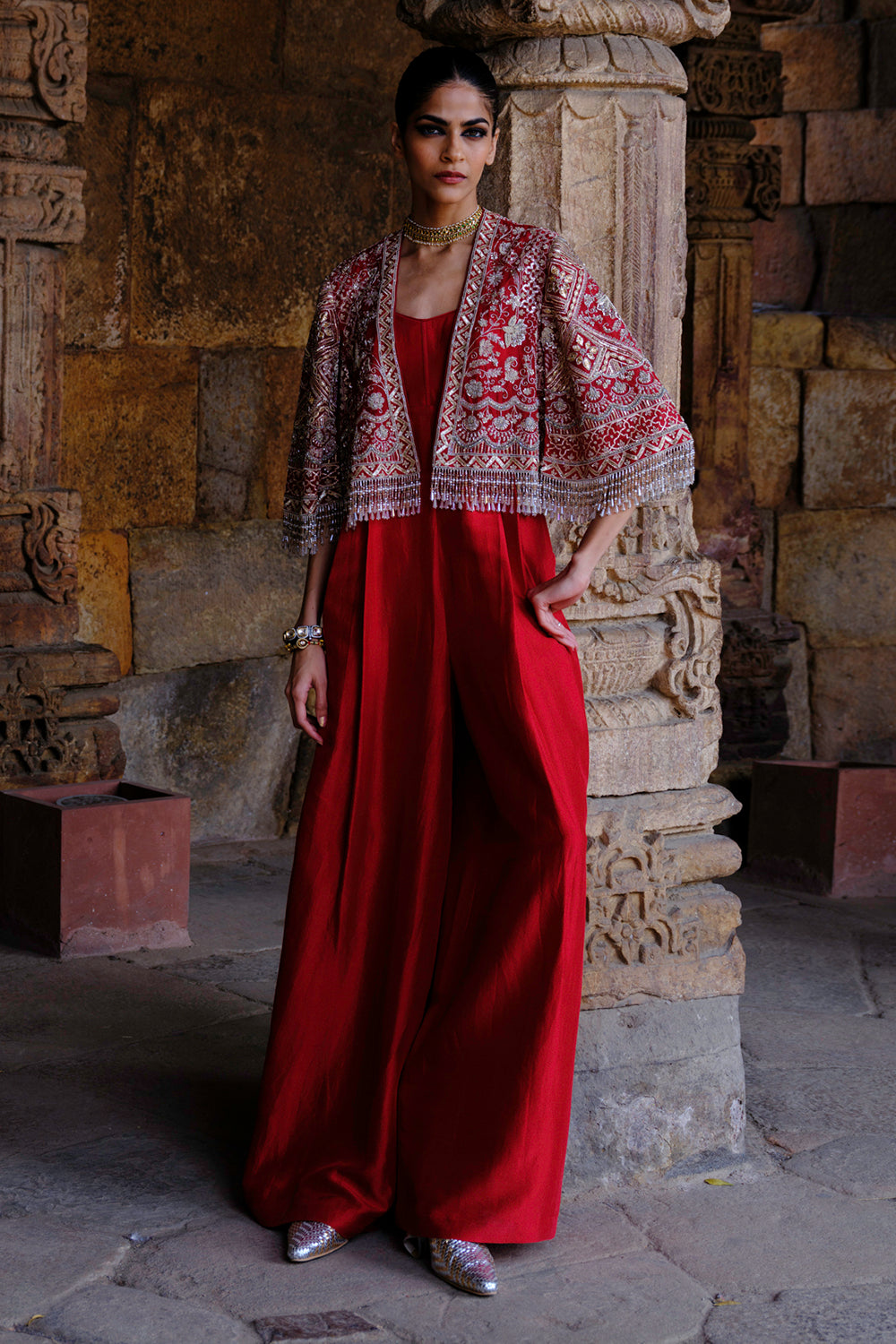 Red Embroidered Jumpsuit with Gota Cape