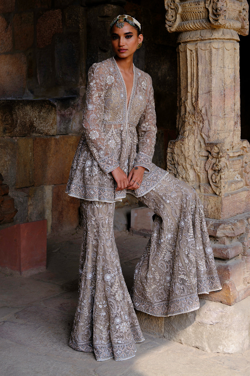 Alana Golden Beige Peplum With Sharara