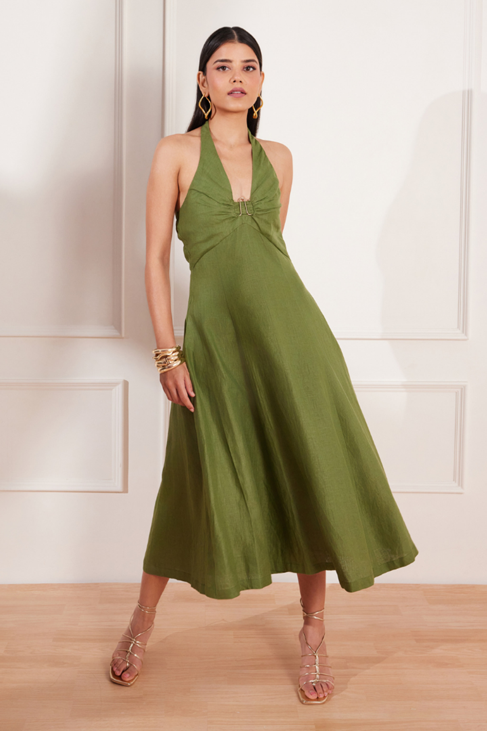 Moss Green Hemp Halter Midi Dress