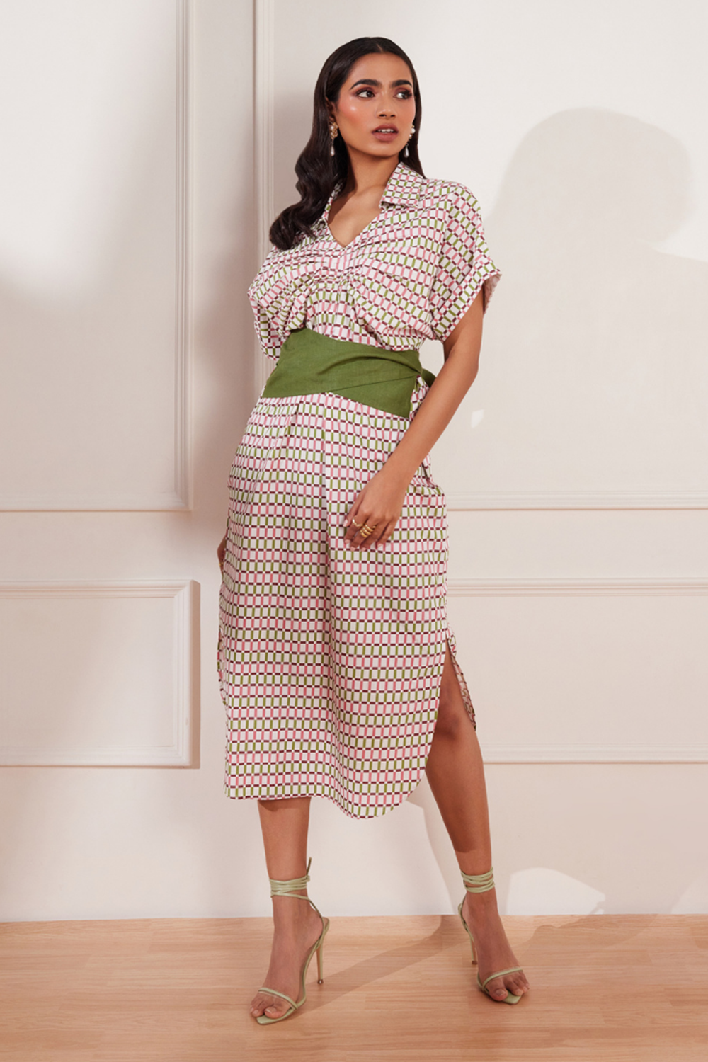 Checks Please Printed Belted Midi Dress