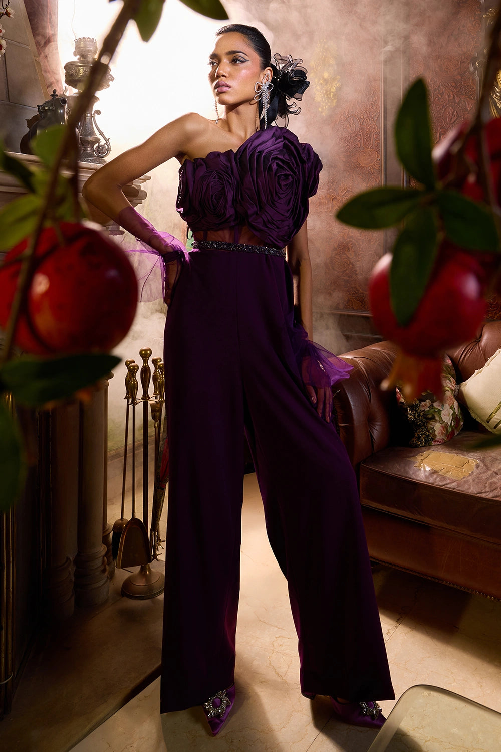 Purple Taffeta Draped Jumpsuit With Belt