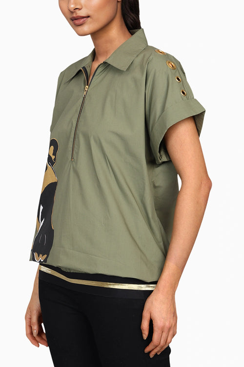 Olive Bomber Shirt With Print