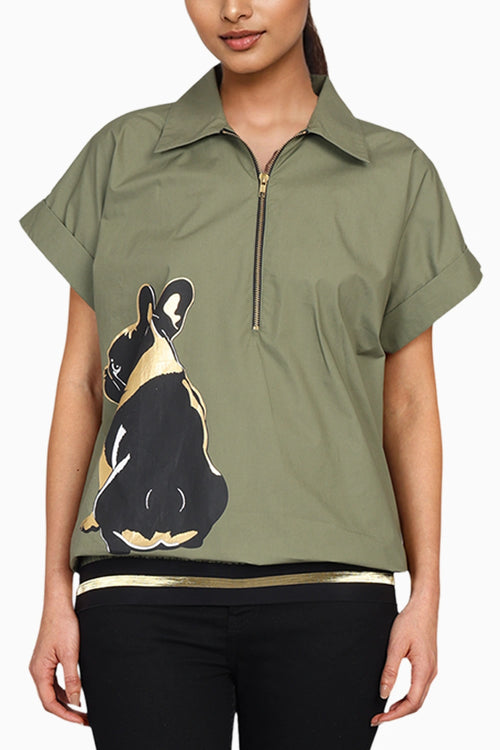 Olive Bomber Shirt With Print