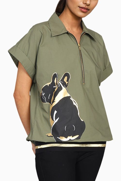 Olive Bomber Shirt With Print