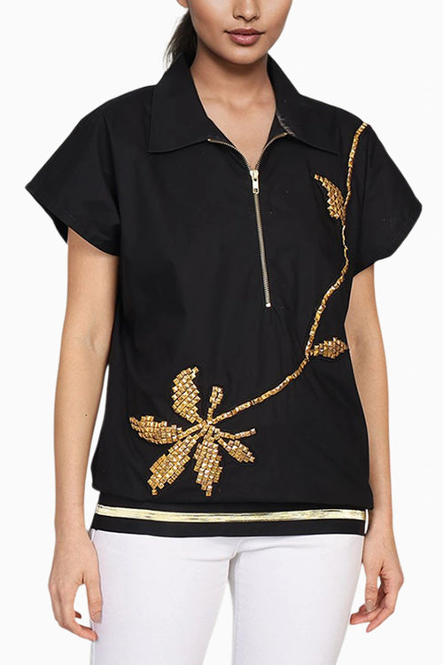 White And Blue Combo Cotton Shirt With Embroidery
