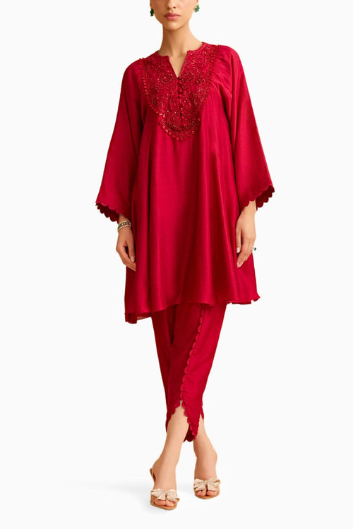 Red Silk Short Kurta with Tulip Pant