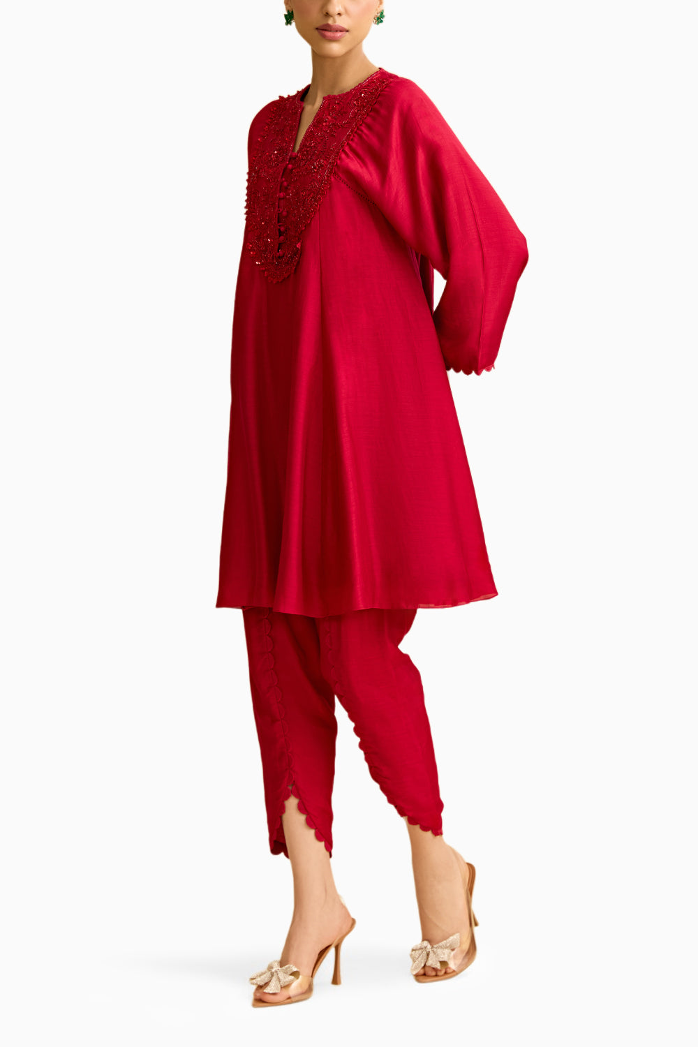 Red Silk Short Kurta with Tulip Pant