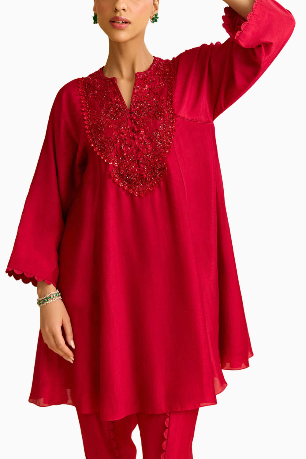 Red Silk Short Kurta with Tulip Pant