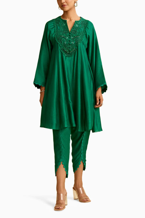 Green Silk Short Kurta with Tulip Pant