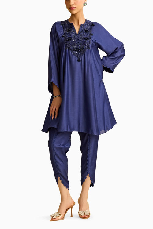 Blue Silk Short Kurta with Tulip Pant