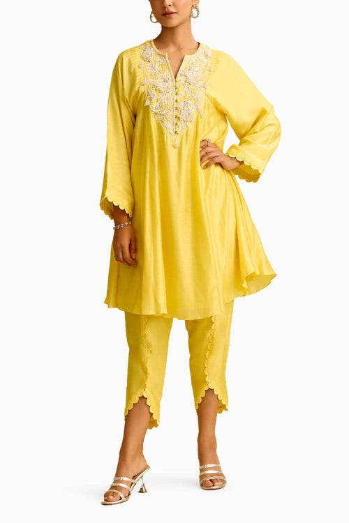 Yellow Silk Short Kurta with Tulip Pant