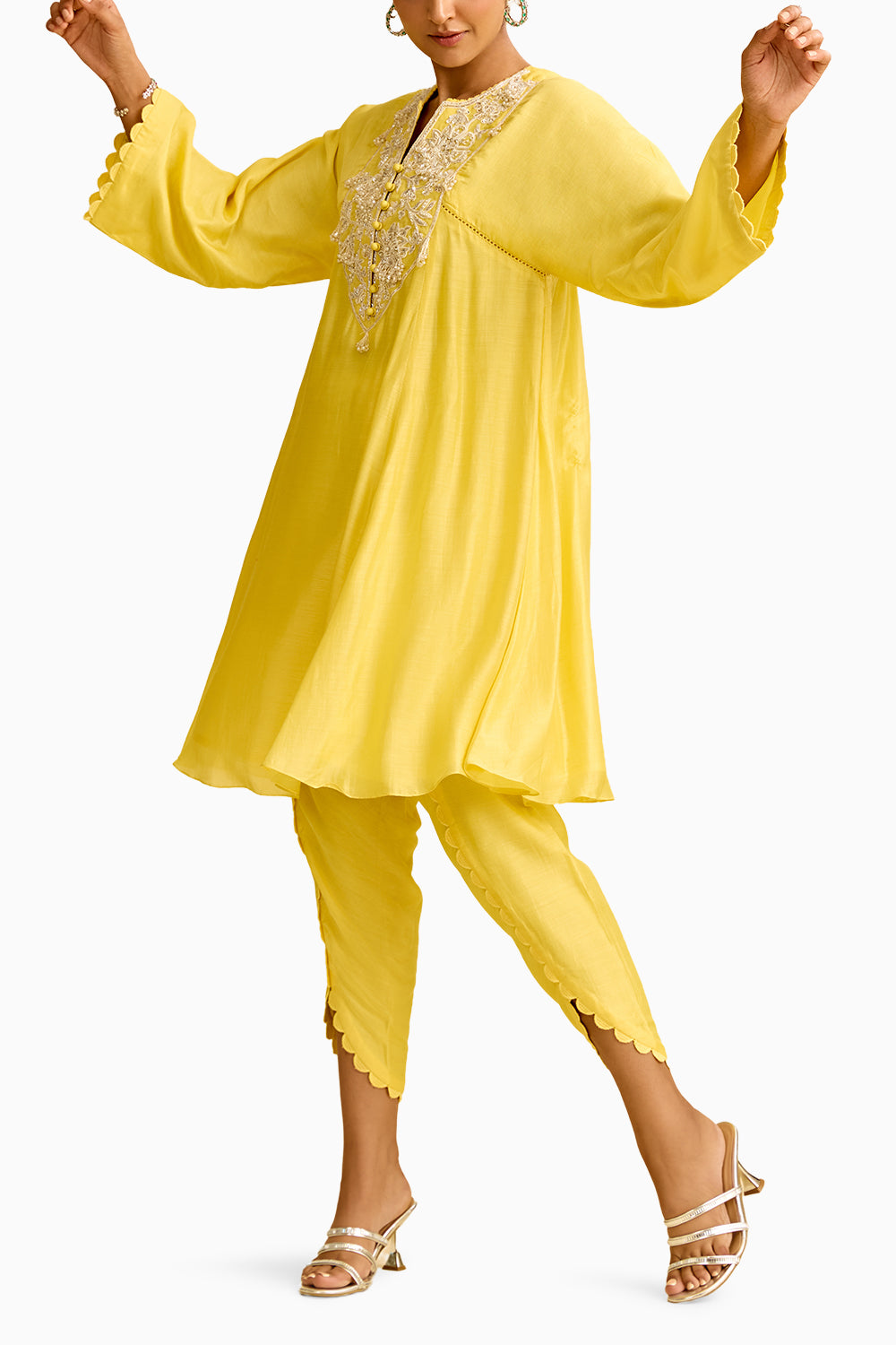 Yellow Silk Short Kurta with Tulip Pant