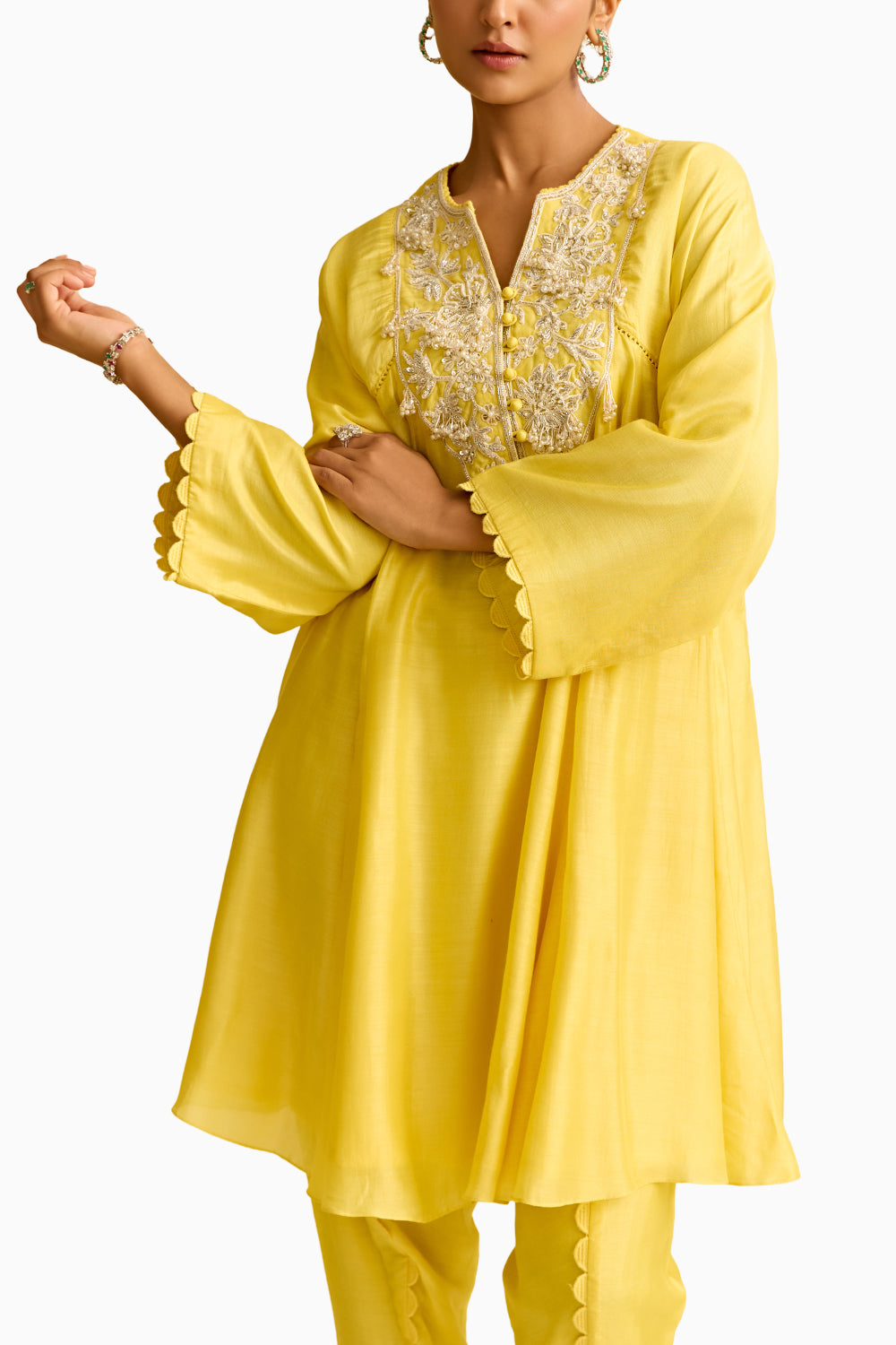 Yellow Silk Short Kurta with Tulip Pant