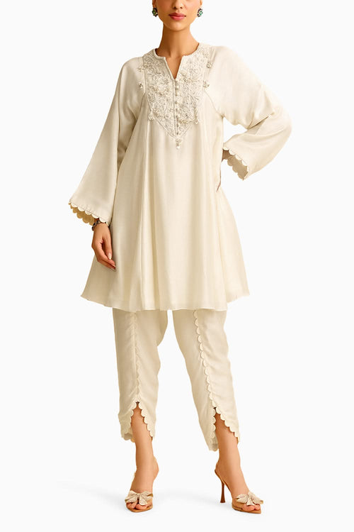 Ivory Silk Short Kurta with Tulip Pant