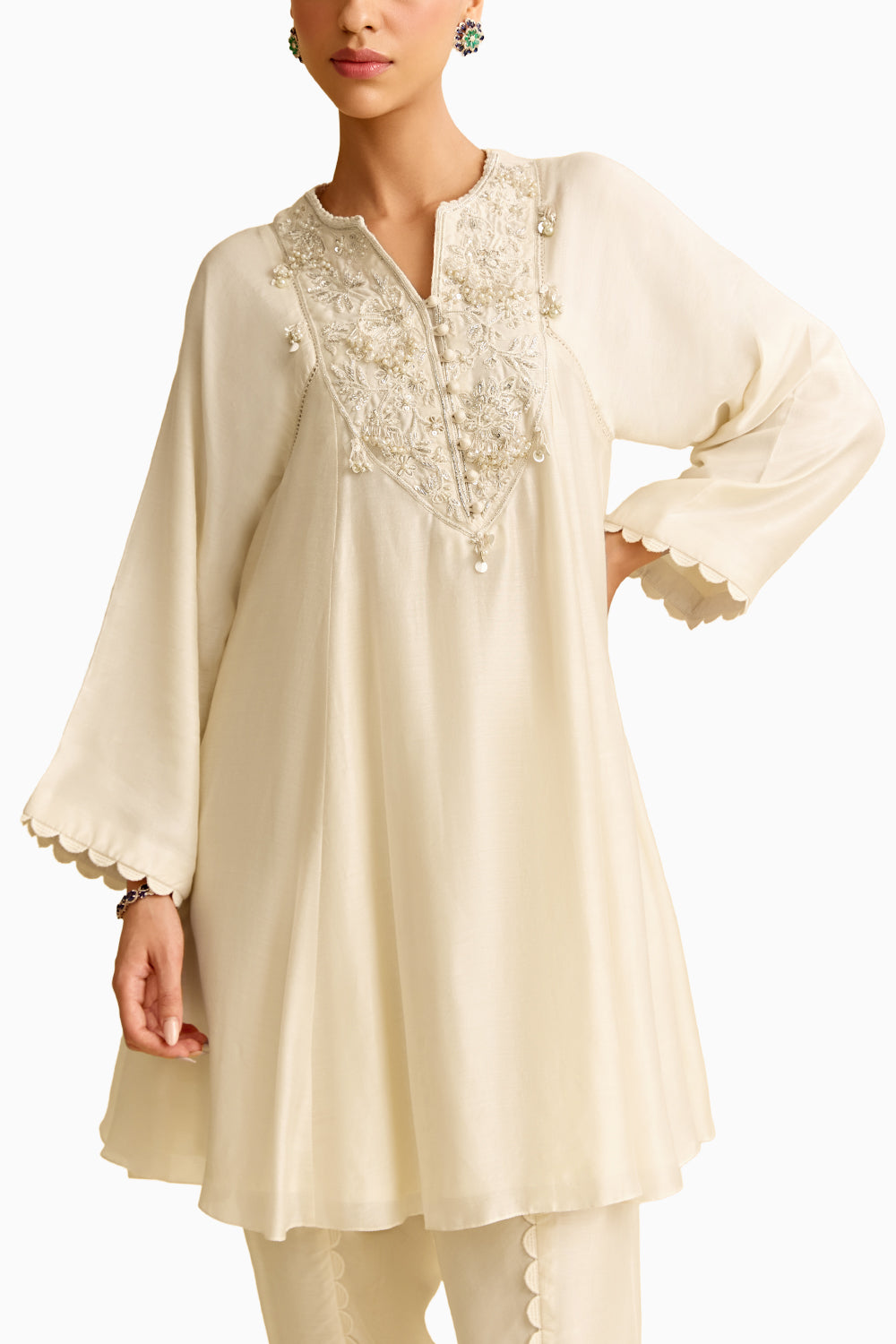 Ivory Silk Short Kurta with Tulip Pant