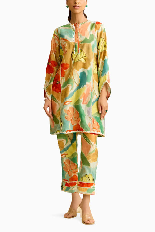 Floral Printed Chanderi Kurta with Pant