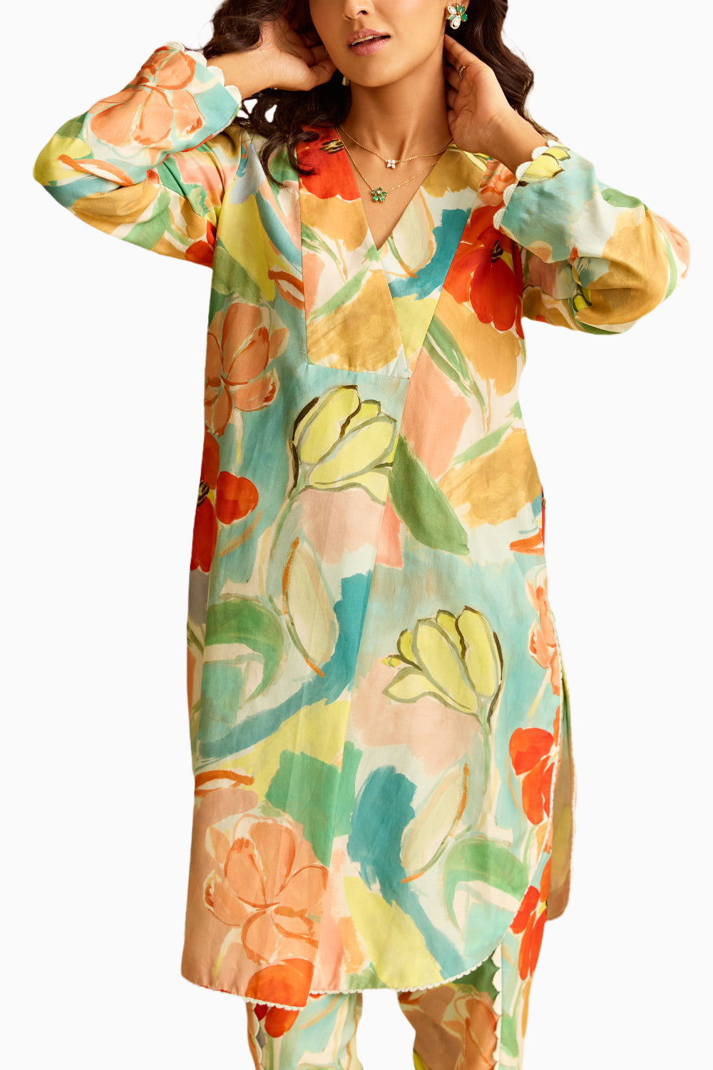 Floral Printed Chanderi Kurta With Tulip Pant