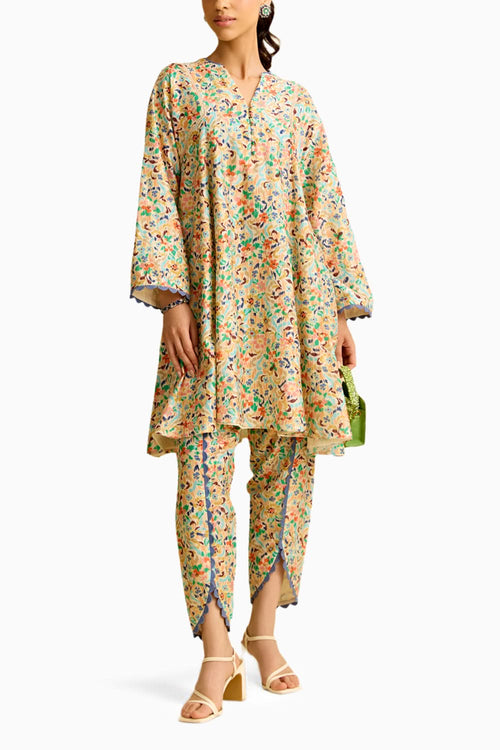 Ikkat Printed Flared Short Kurta Set