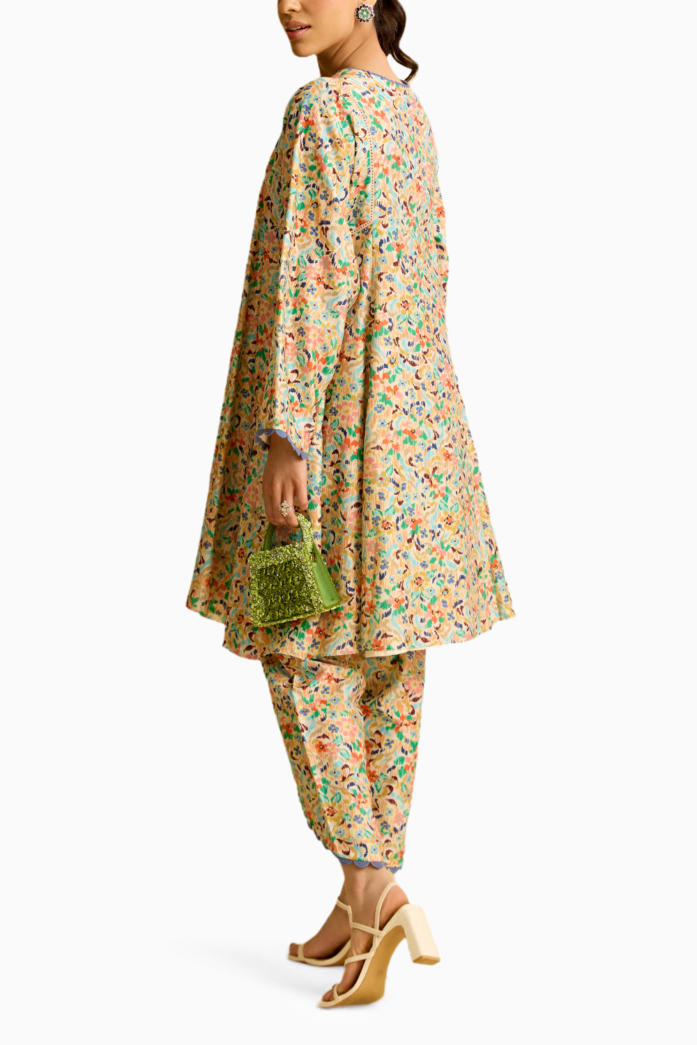 Ikkat Printed Flared Short Kurta Set