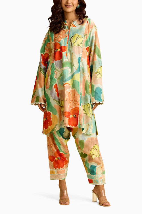 Floral Printed Chanderi Kurta Set