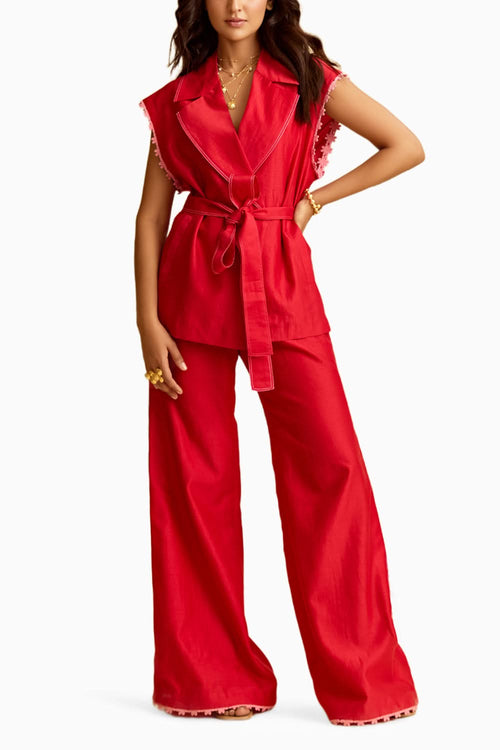 Red Chanderi Shirt with Flared Pant