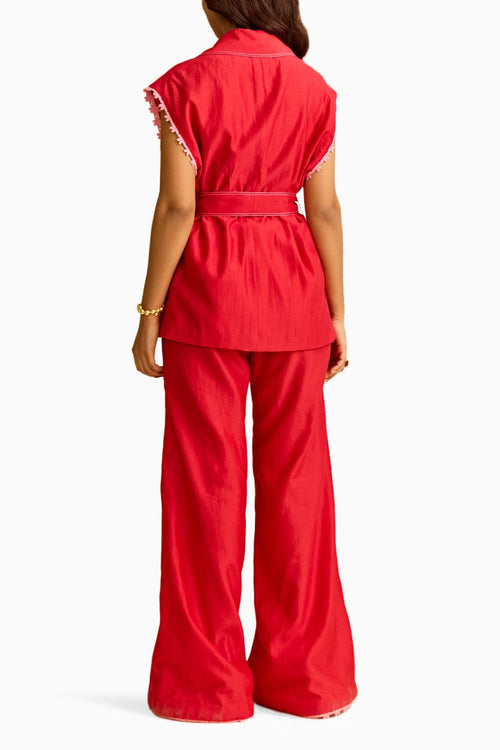 Red Chanderi Shirt with Flared Pant