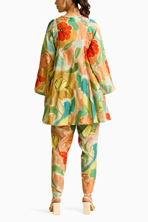 Floral Printed Flared Short Kurta Set
