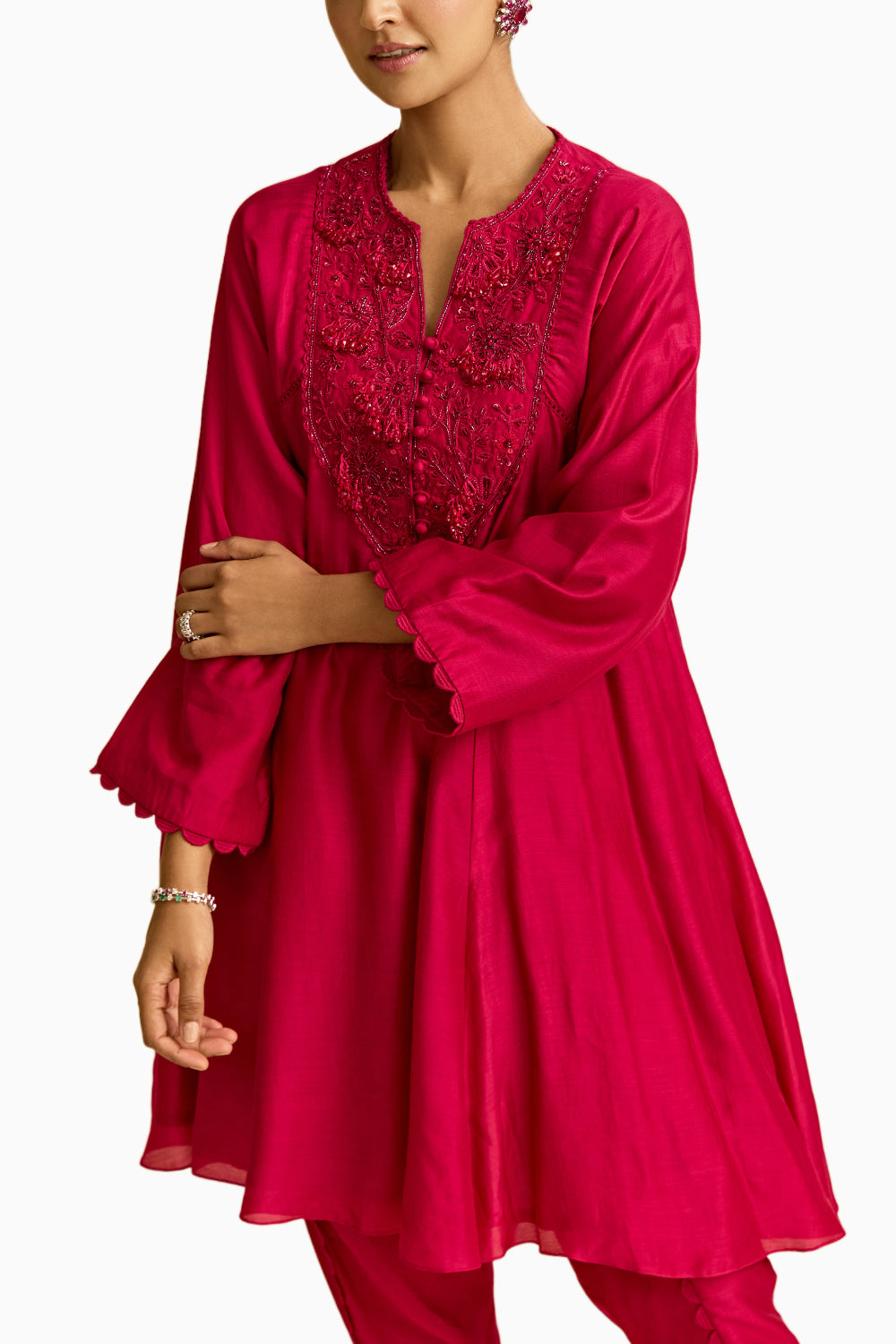 Fuschia Silk Short Kurta with Tulip Pant