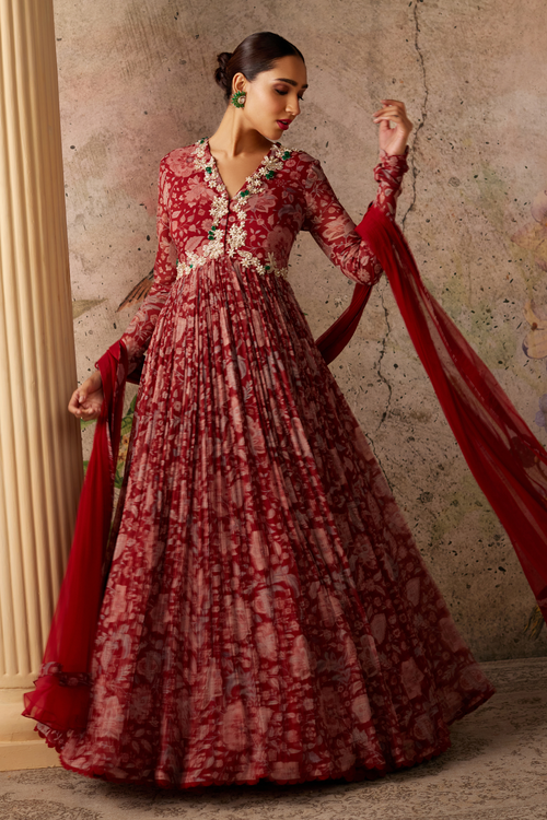 Flair Red Ochre Print Anarkali Set