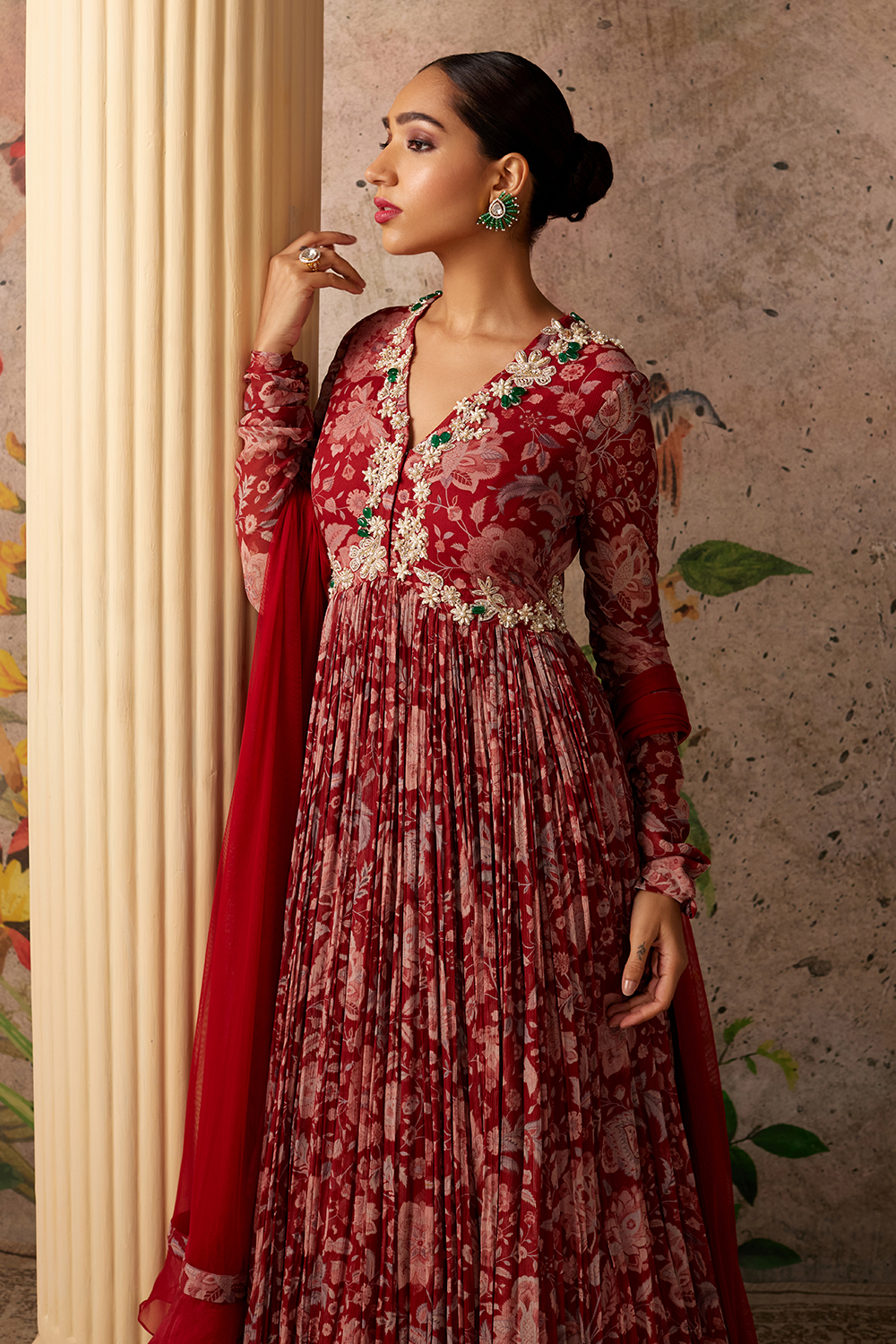 Flair Red Ochre Print Anarkali Set