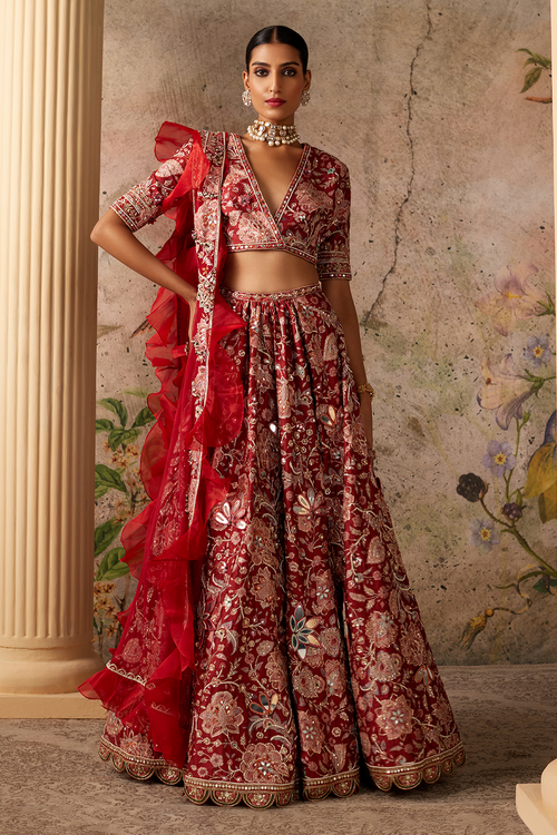 Ace Red Ochre Print Lehenga Set