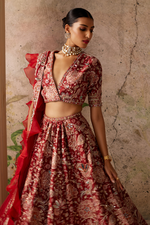 Ace Red Ochre Print Lehenga Set