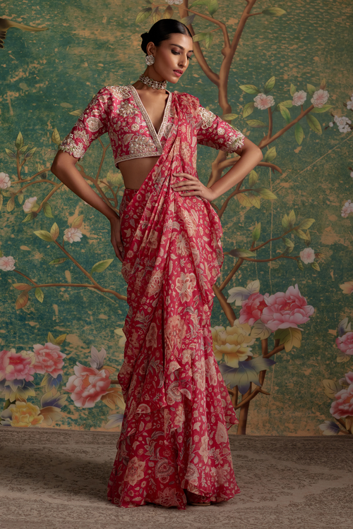 Flamboyance Royal Fuschia Print Saree Set