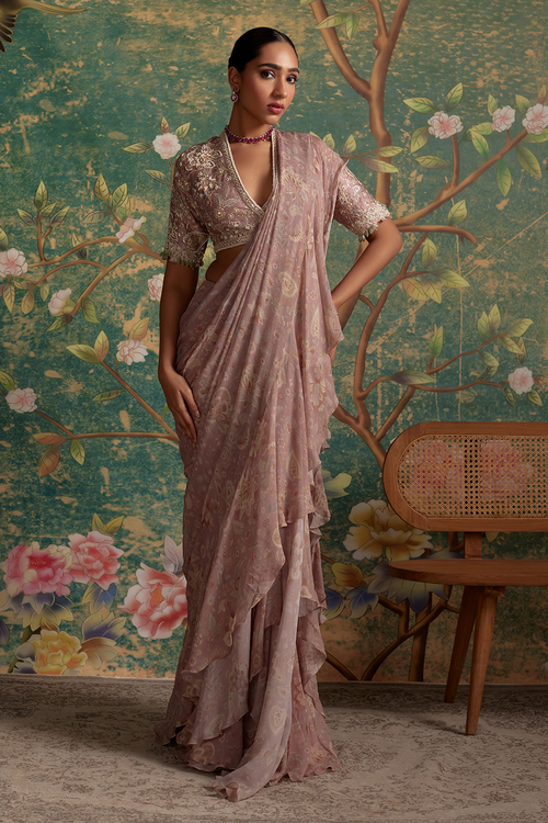 Flamboyance Dusky Pink Print Saree Set