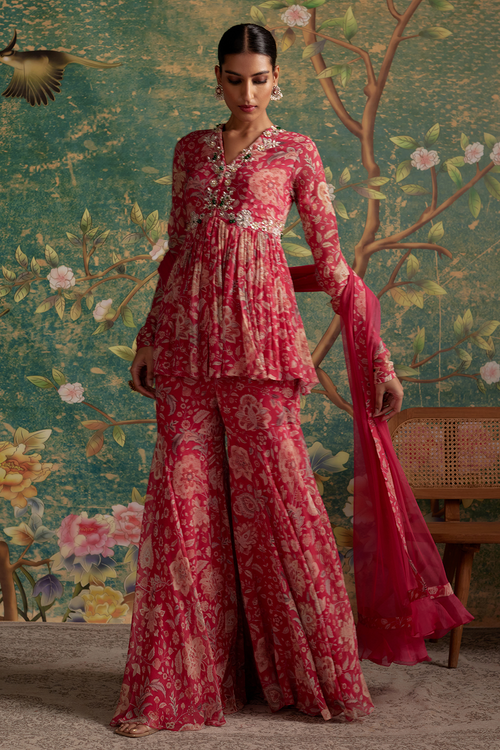 Awespiring Royal Fuschia Print Peplum Set