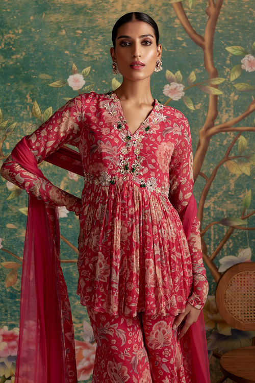 Awespiring Royal Fuschia Print Peplum Set