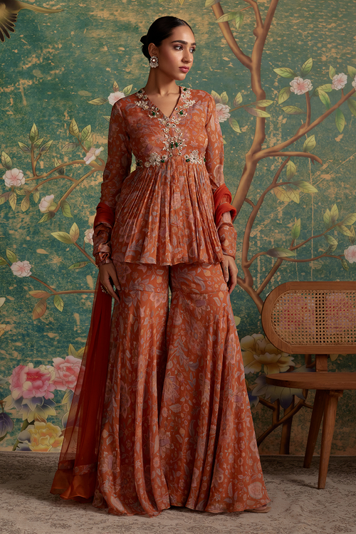 Awespiring Orange Print Peplum Set