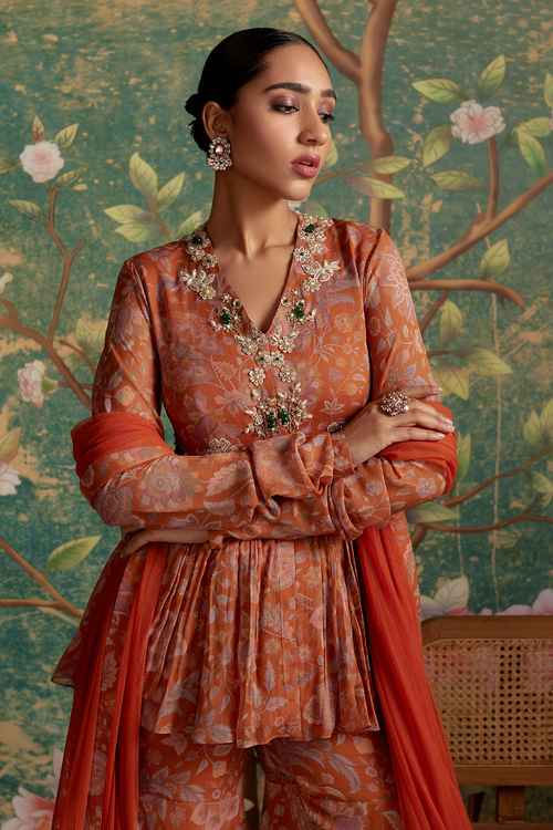 Awespiring Orange Print Peplum Set