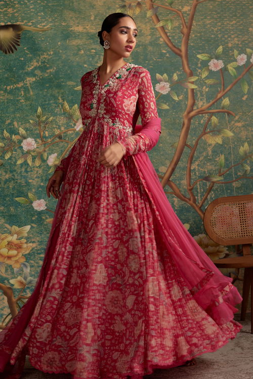 Flair Royal Fuschia Print Anarkali Set