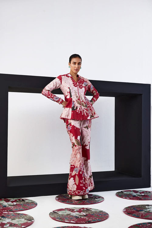 Varda Red Multicolored Peplum Set