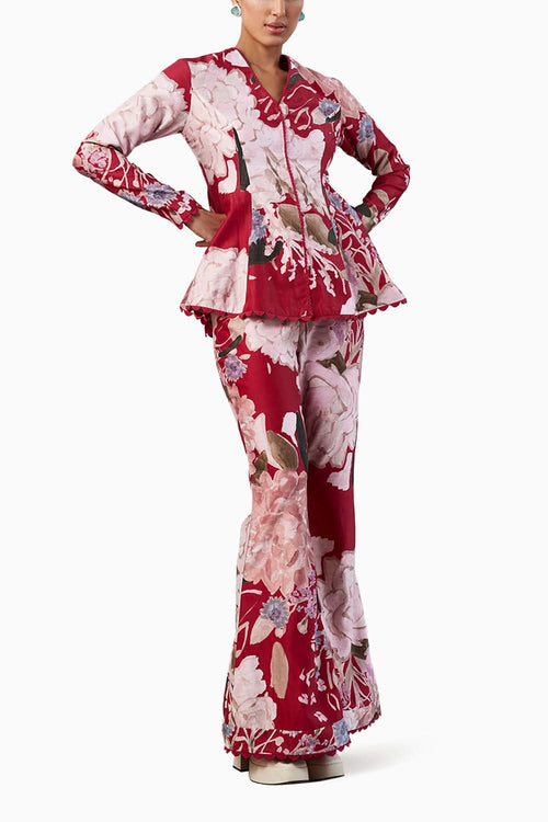 Varda Red Multicolored Peplum Set