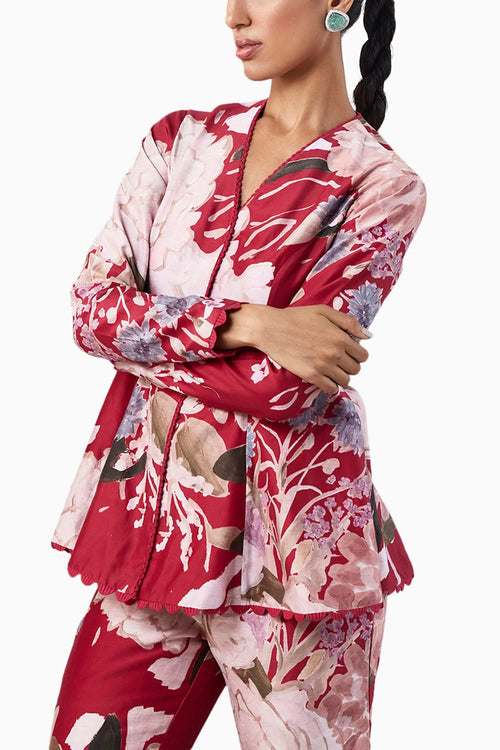 Varda Red Multicolored Peplum Set