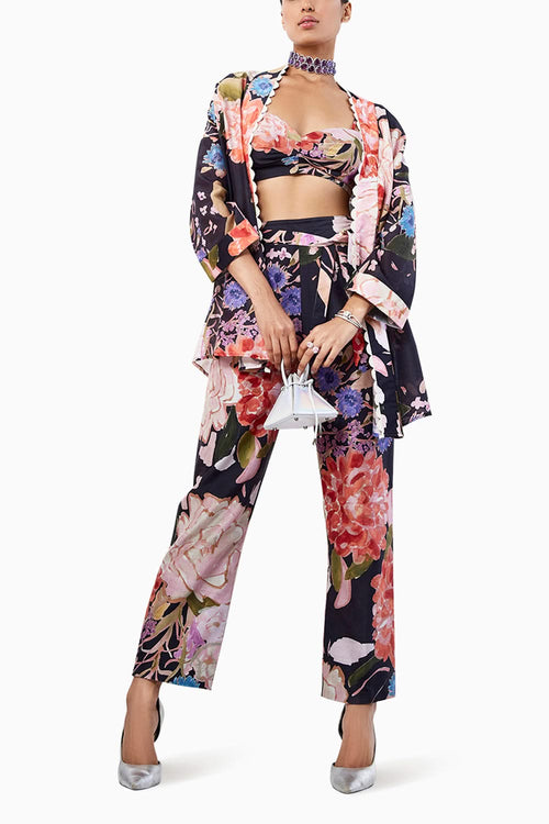 Grance Black Multicolored Cape Pants Set