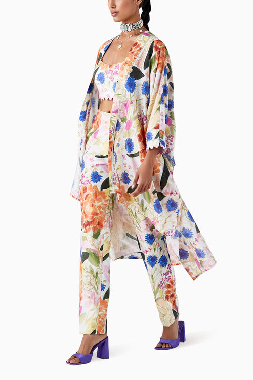 Oleana Green Multicolored Cape Pants Set