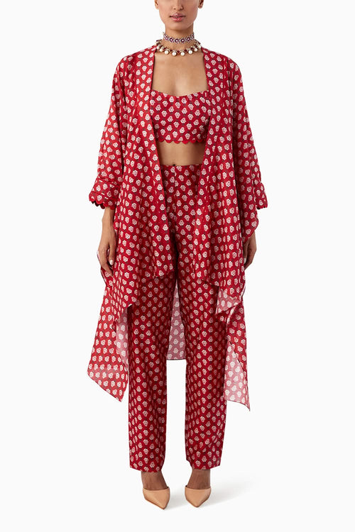 Pema Red Boota Print Cape Pants Set