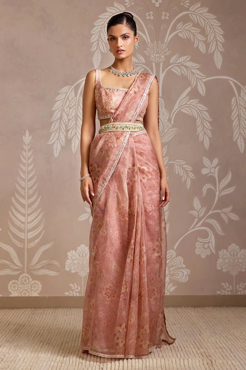 Coral Seam Embellished Sari Set