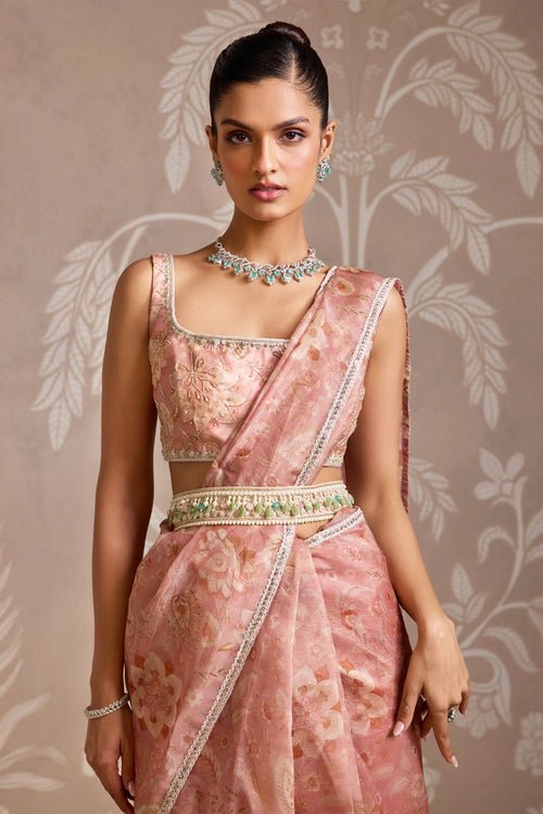 Coral Seam Embellished Sari Set