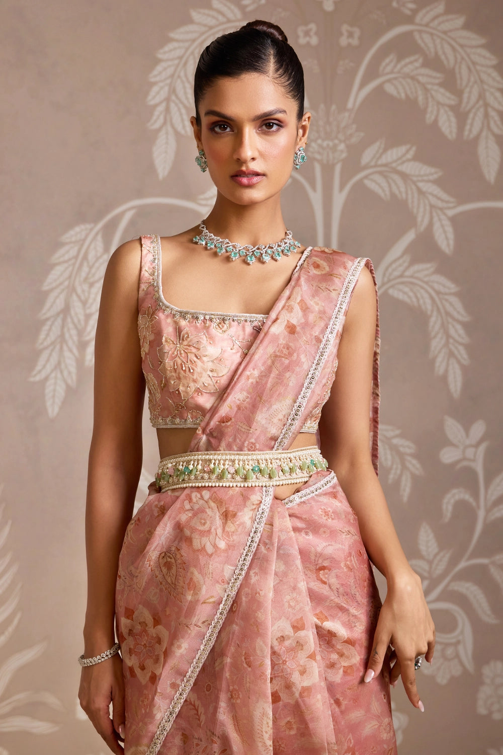 Coral Seam Embellished Sari Set