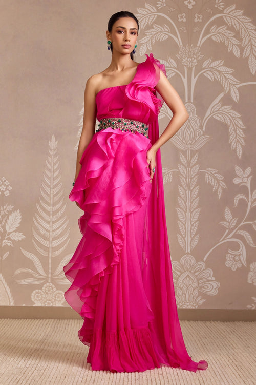 Fuchsia Twist Stardust Belted Sari Set