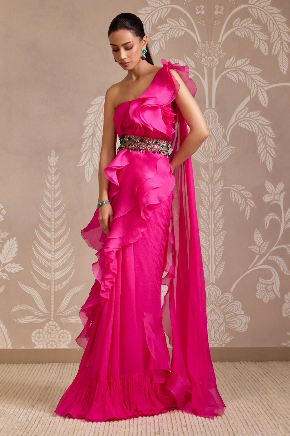 Fuchsia Twist Stardust Belted Sari Set